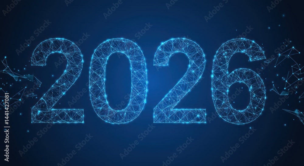 The year 2026 is displayed in a futuristic blue digital design. The year 2026 is displayed in a futuristic blue digital design.