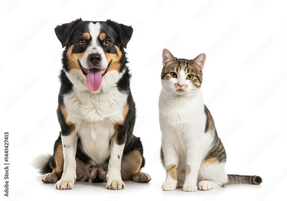 A dog with its tongue out and a cat sitting side by side on a white background in a studio shot A dog with its tongue out and a cat sitting side by side on a white background in a studio shot