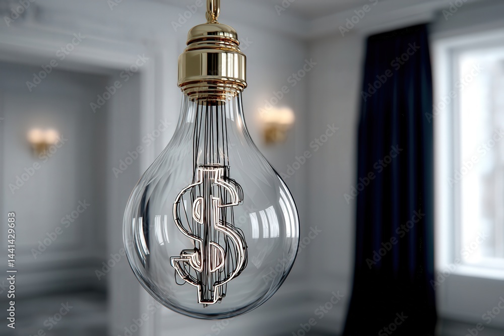Bright glowing bulb with dollar filament in stylish home office, Scandinavian minimalism and natural light symbolize energy saving and rising electricity costs.