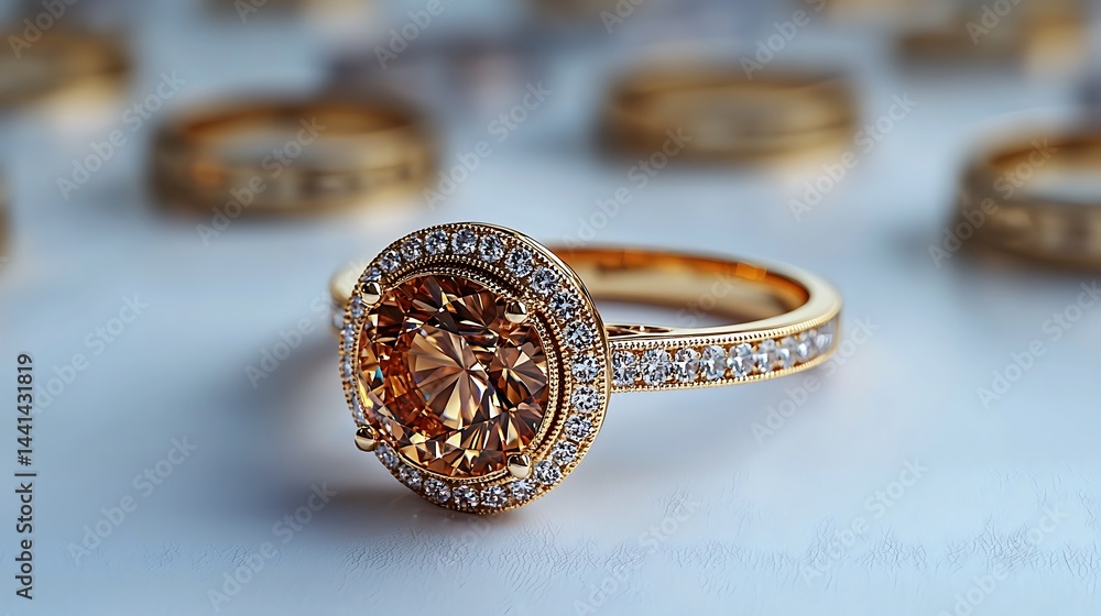 Close-up of Elegant Gold Ring with Sparkling Gemstone and Diamonds Close-up of Elegant Gold Ring with Sparkling Gemstone and Diamonds