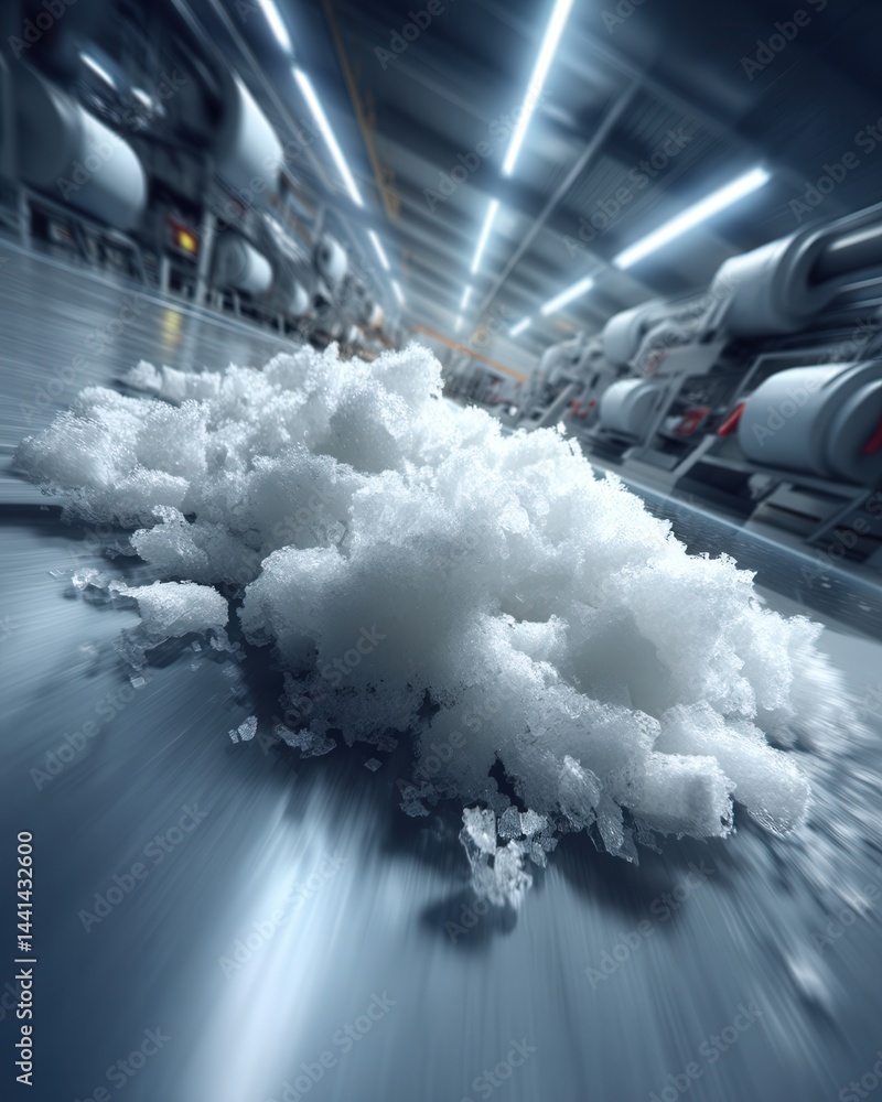 Inside a modern sugar refinery with clean stainless steel machines, sugar crystals flying in the air under glowing light, showcasing an industrial but sterile environment.