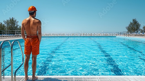 Man Looking at Swimming Pool Wearing Hard Hat and Shorts