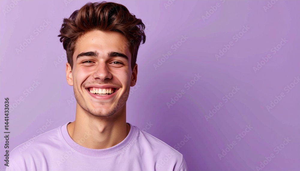 Fototapeta premium 嬉しさにあふれる20代白人男性の笑顔と表情が輝く瞬間、モーブカラー背景に包まれて