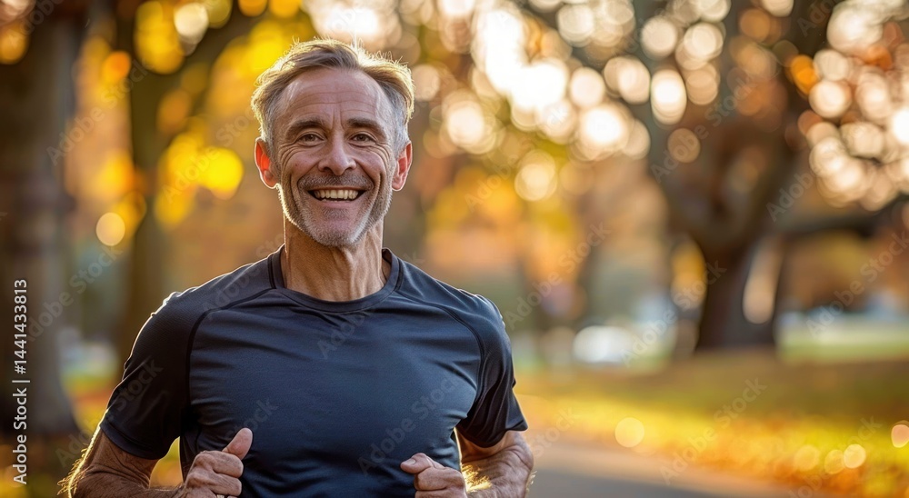 Obraz premium Man jogging outdoors in a park during autumn with golden sunlight filtering through trees, wearing a dark athletic shirt conveying focus and energy