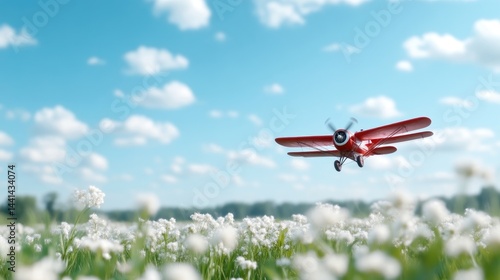 Vintage red biplane soaring above a field of white flowers under a vibrant blue sky