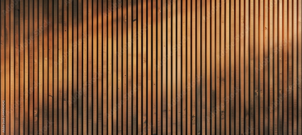 Close-up view of vertical wooden slats with warm natural lighting highlighting varying shades and wood grain textures, evoking a calm and rustic atmosphere Close-up view of vertical wooden slats with warm natural lighting highlighting varying shades and wood grain textures, evoking a calm and rustic atmosphere