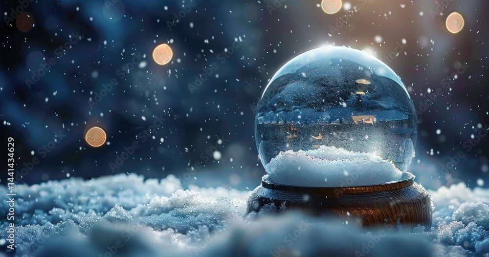 Close-up of a clear glass snow globe with falling snowflakes on a snowy surface with blurred warm lights in the background, evoking a peaceful winter atmosphere Close-up of a clear glass snow globe with falling snowflakes on a snowy surface with blurred warm lights in the background, evoking a peaceful winter atmosphere