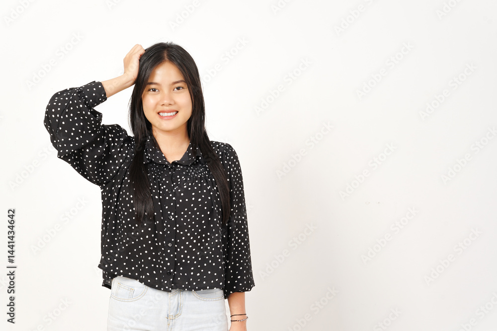 Hand on Head Smile with Confused face Of Beautiful Asian Woman Wearing black Isolated On White Background Hand on Head Smile with Confused face Of Beautiful Asian Woman Wearing black Isolated On White Background