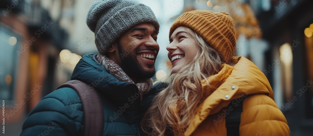 Fototapeta premium Happy couple winter city street date