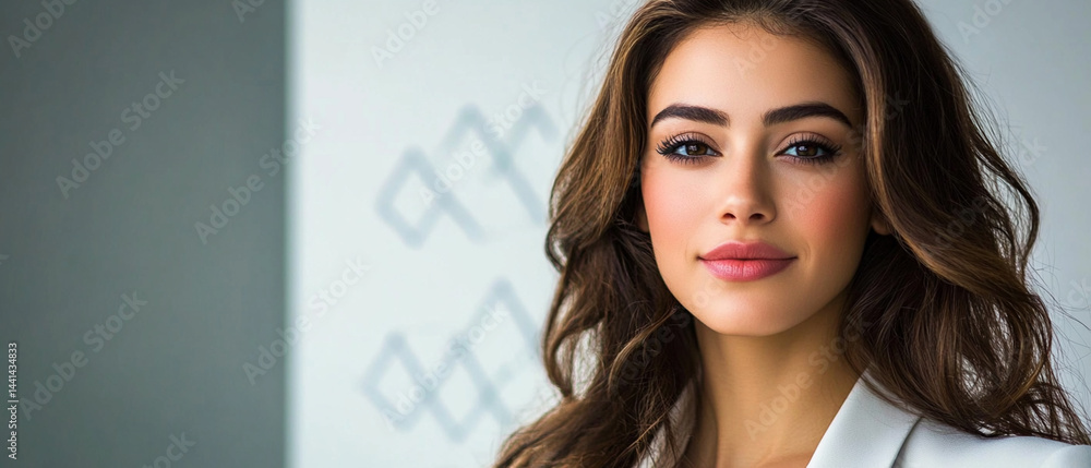 Confident young woman with long hair wearing a stylish outfit, posing in a modern environment. Beauty and professionalism shine.