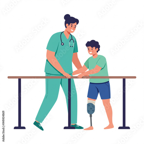 Cartoon Illustration of Child Rehabilitation with Physical Therapy Support – Inclusive Healthcare Concept