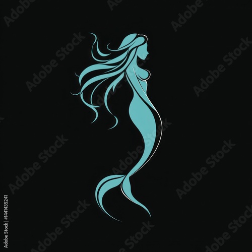 Elegant teal mermaid profile on black background