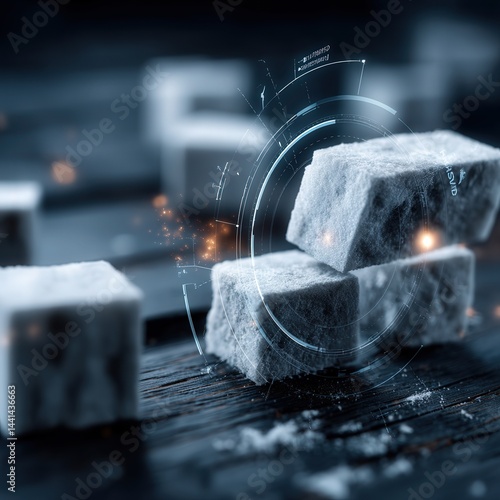 Obraz na płótnie Sugar technologist using a digital scanner on raw sugar blocks with a futuristic processing line in the background, highlighting tech-driven food production. w salonie