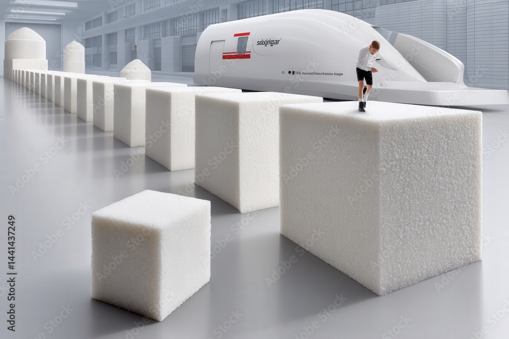 Sugar technologist using a digital scanner on raw sugar blocks with a futuristic processing line in the background, highlighting tech-driven food production.