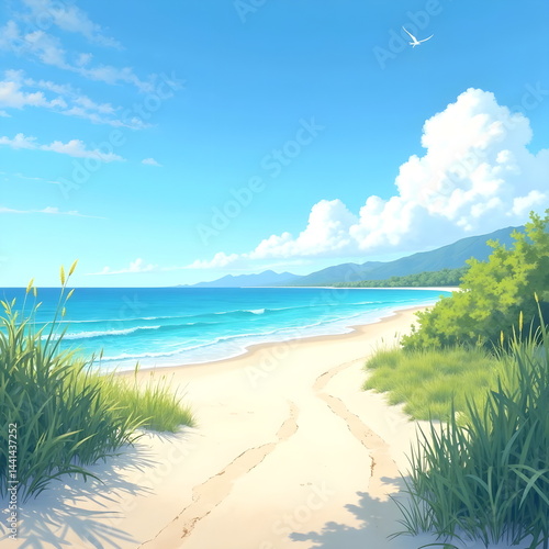 Wallpaper Mural A bright sandy walkway between green dunes stretches out to a peaceful blue sea under a clear sky. Torontodigital.ca