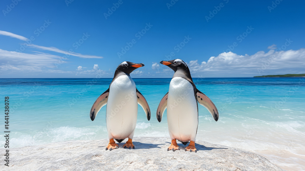 Fototapeta premium Two penguins with striking black and white feathers stand on rock by ocean, enjoying sunny day