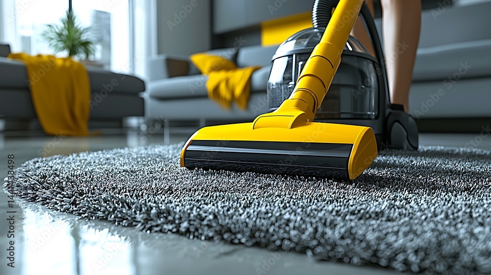 Vacuuming Rug in Modern Living Room with Stylish Home Interior Vacuuming Rug in Modern Living Room with Stylish Home Interior