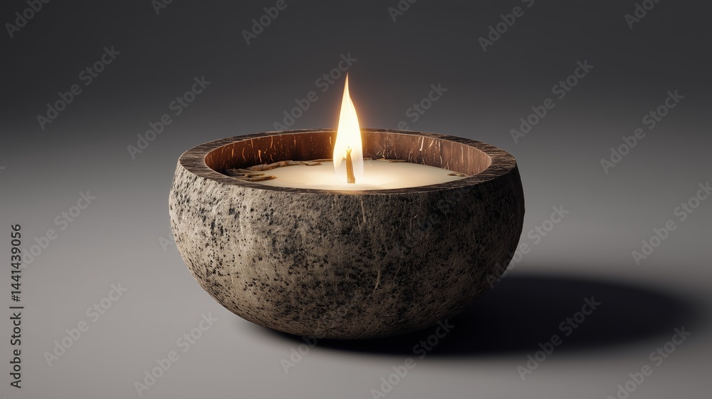 Crafted organic candle in a rustic bowl with a warm flame illuminating the natural texture Crafted organic candle in a rustic bowl with a warm flame illuminating the natural texture