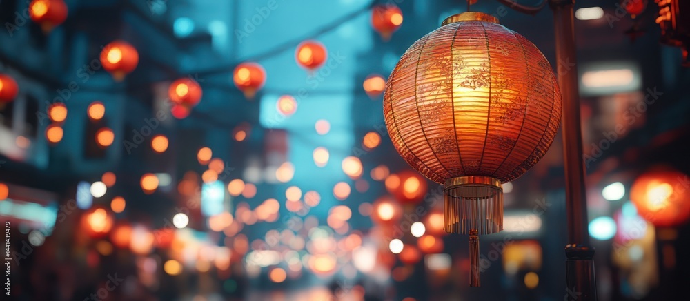 Obraz premium Illuminated Asian street, lanterns, night market