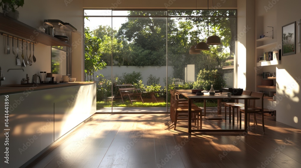 Fototapeta premium Sunny home kitchen with view to garden for family gathering. Kitchen interior