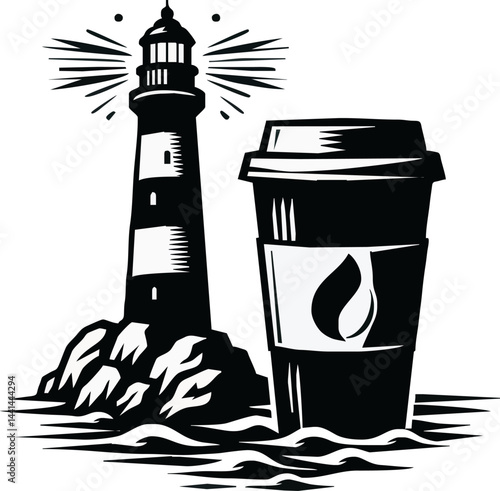 Black And White Vector Artwork Features A Lighthouse With Coffee Cup On The Sea Shore
