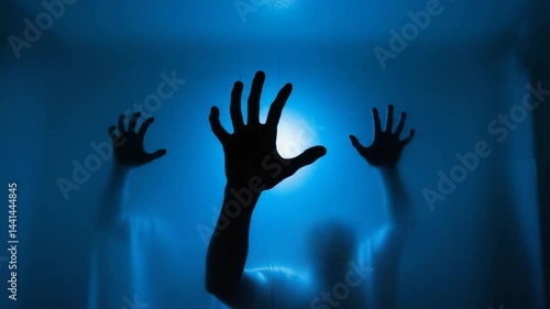 Silhouette of a zombie hand on white background in slow motion, scarey