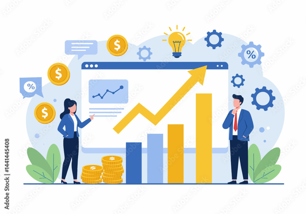 Flat illustration a business solution with professionals analyzing growth and success metrics. emphasizes business strategy and financial planning, showcasing positive trends and opportunities Flat illustration a business solution with professionals analyzing growth and success metrics. emphasizes business strategy and financial planning, showcasing positive trends and opportunities