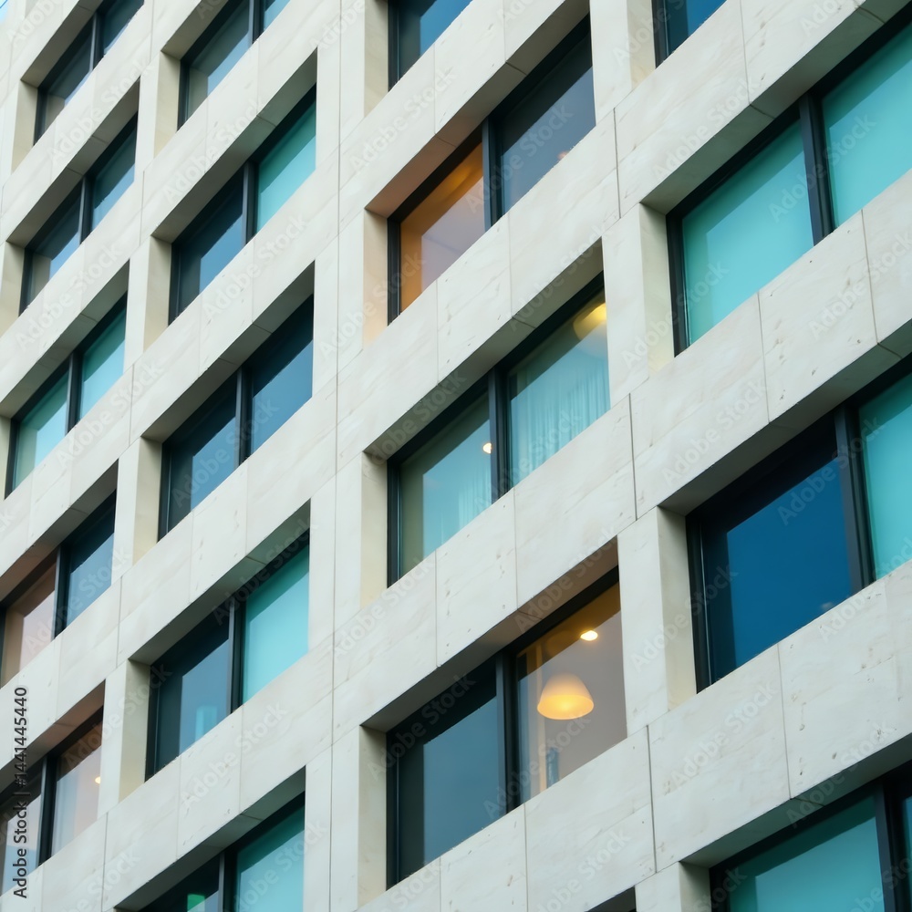 Close up of sleek concrete building with geometric windows, city, geometric, corporate Close up of sleek concrete building with geometric windows, city, geometric, corporate
