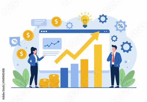 Flat illustration a business solution with professionals analyzing growth and success metrics. emphasizes business strategy and financial planning, showcasing positive trends and opportunities