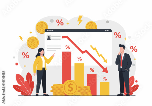 Flat illustration of financial decline & market downturn, with professionals analyzing negative trends & economic challenges. emphasizes risk assessment and financial planning for loose and bankrupt
