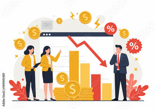 Flat illustration of financial decline & market downturn, with professionals analyzing negative trends & economic challenges. emphasizes risk assessment and financial planning for loose and bankrupt