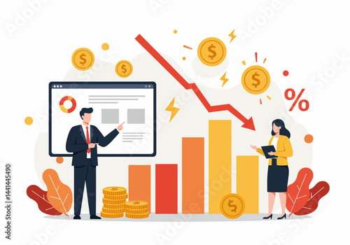 Flat illustration of financial decline & market downturn, with professionals analyzing negative trends & economic challenges. emphasizes risk assessment and financial planning for loose and bankrupt