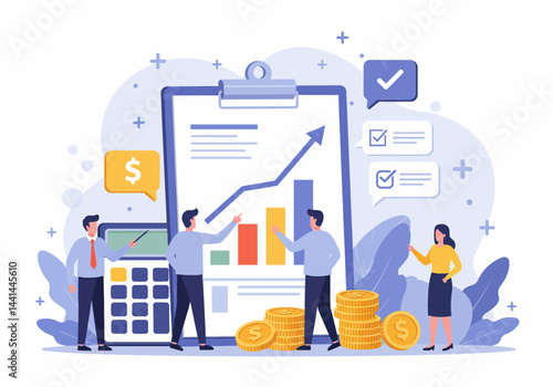 Flat illustration of financial growth and business success, with team analyzing positive trends and investment opportunities. highlights modern approach to financial management and strategic planning
