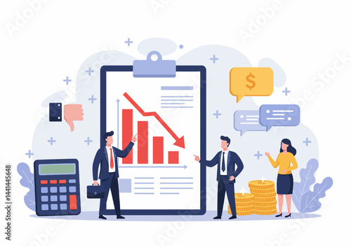 Flat illustration of a risk management for projects, showcasing a team analyzing financial data and potential losses or bankrupt. The image emphasizes a modern business approach to problem-solving