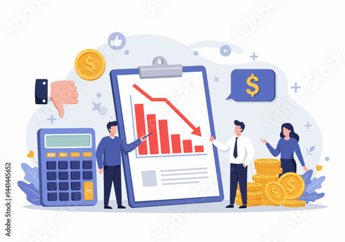 Flat illustration of a risk management for projects, showcasing a team analyzing financial data and potential losses or bankrupt. The image emphasizes a modern business approach to problem-solving