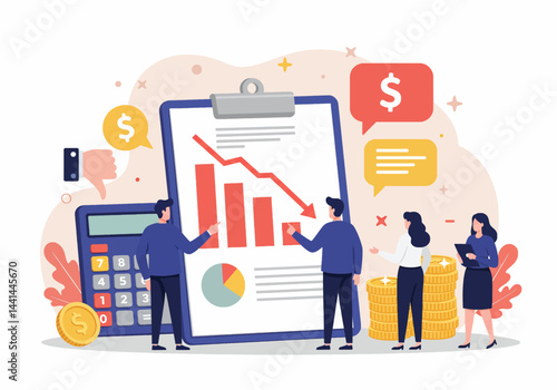 Flat illustration of a risk management for projects, showcasing a team analyzing financial data and potential losses or bankrupt. The image emphasizes a modern business approach to problem-solving