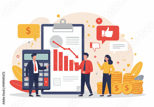 Flat illustration of a risk management for projects, showcasing a team analyzing financial data and potential losses or bankrupt. The image emphasizes a modern business approach to problem-solving