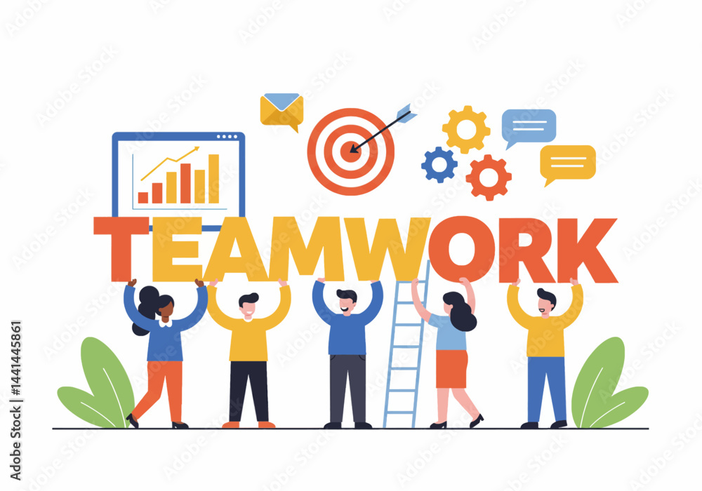 flat illustration depicting a team of diverse professionals collaborating towards a common goal, symbolized by the word 'TEAMWORK'. The image showcases a vibrant and modern style, emphasizing unity flat illustration depicting a team of diverse professionals collaborating towards a common goal, symbolized by the word 'TEAMWORK'. The image showcases a vibrant and modern style, emphasizing unity