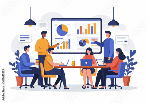 Flat illustration of a business meeting with a presenter explaining data on a whiteboard to colleagues. The scene is set in a modern office environment, highlighting teamwork, collaboration