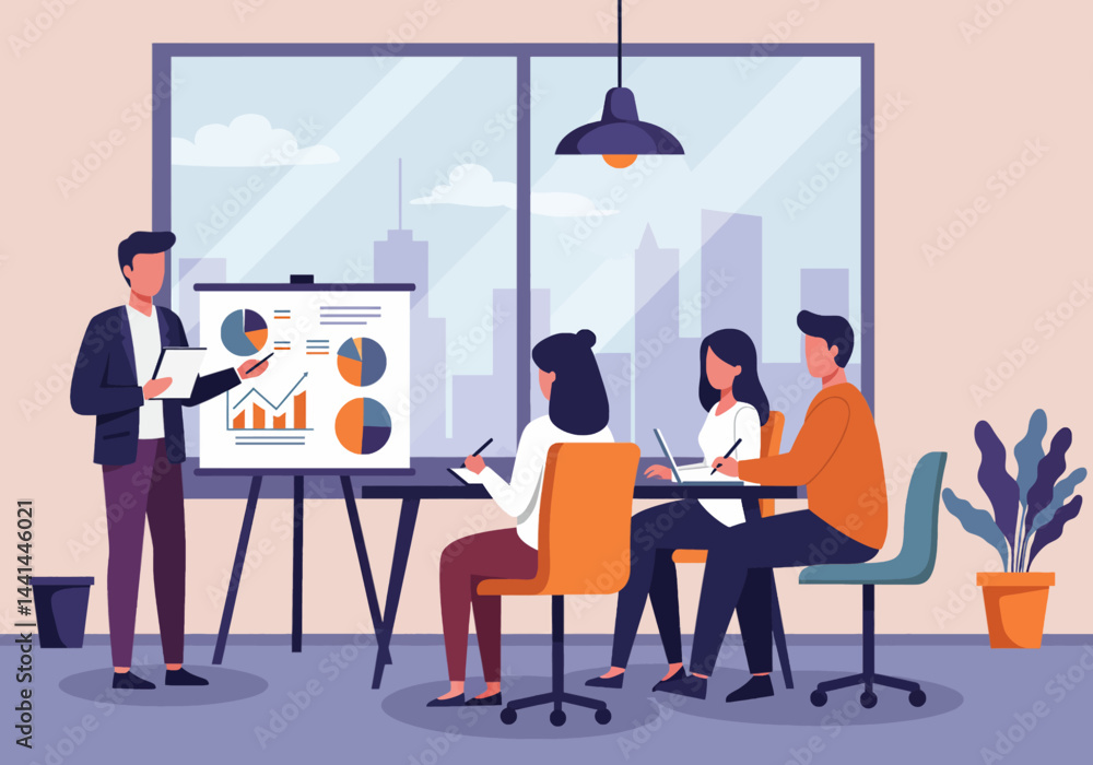 Flat illustration of a business meeting with a presenter explaining data on a whiteboard to colleagues. The scene is set in a modern office environment, highlighting teamwork, collaboration Flat illustration of a business meeting with a presenter explaining data on a whiteboard to colleagues. The scene is set in a modern office environment, highlighting teamwork, collaboration