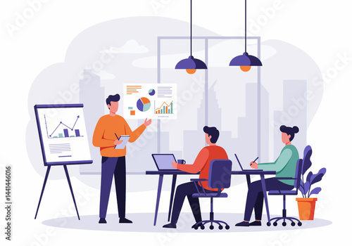 Flat illustration of a business meeting with a presenter explaining data on a whiteboard to colleagues. The scene is set in a modern office environment, highlighting teamwork, collaboration