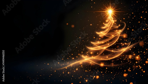 Elegant Golden Christmas Tree with Sparkling Lights on Dark Background – Festive Holiday Glow and Magical Winter Theme Featuring Copy Space for Seasonal Design and Marketing Use