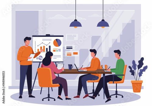 Flat illustration of a business meeting with a presenter explaining data on a whiteboard to colleagues. The scene is set in a modern office environment, highlighting teamwork, collaboration