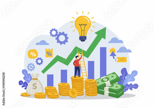 Flat vector illustration showing a businessman standing confidently atop a rising chart graph, symbolizing success and growth. The design includes elements like coins, a lightbulb representing ideas