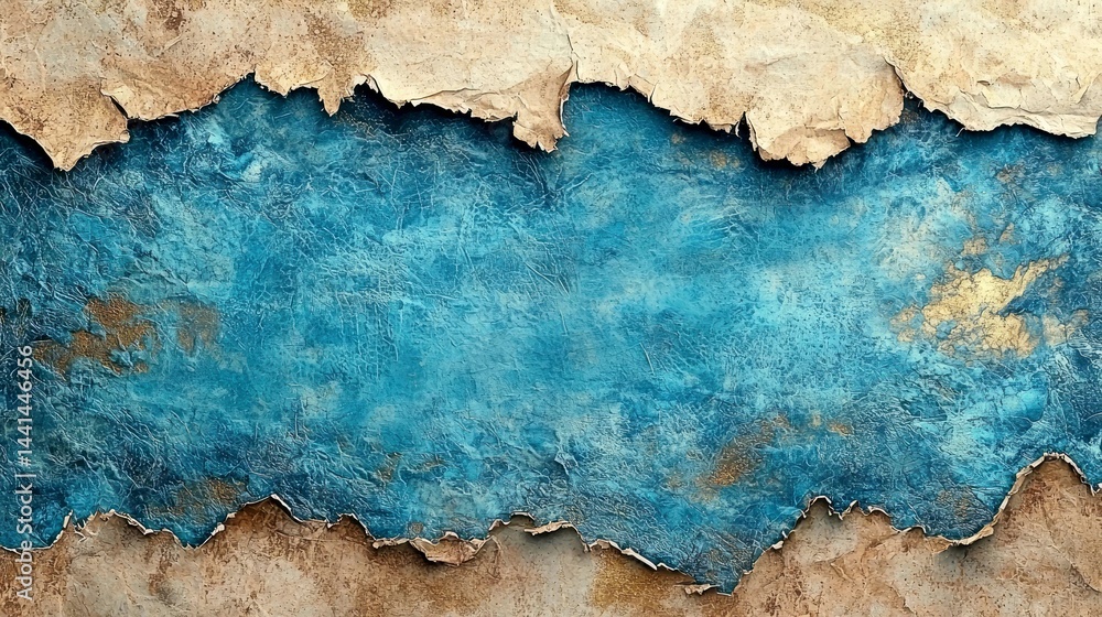 Obraz premium Abstract Blue Gold Texture Art: Torn Canvas Painting