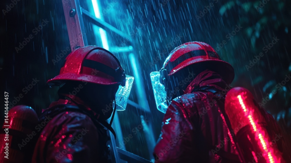 Obraz premium Firefighters climbing a ladder in stormy weather, battling strong winds and rain.