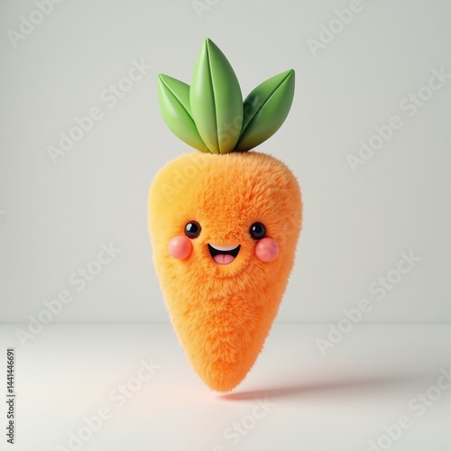 Cute fluffy carrot character with a smiling face and green leaves. 3D Emoji