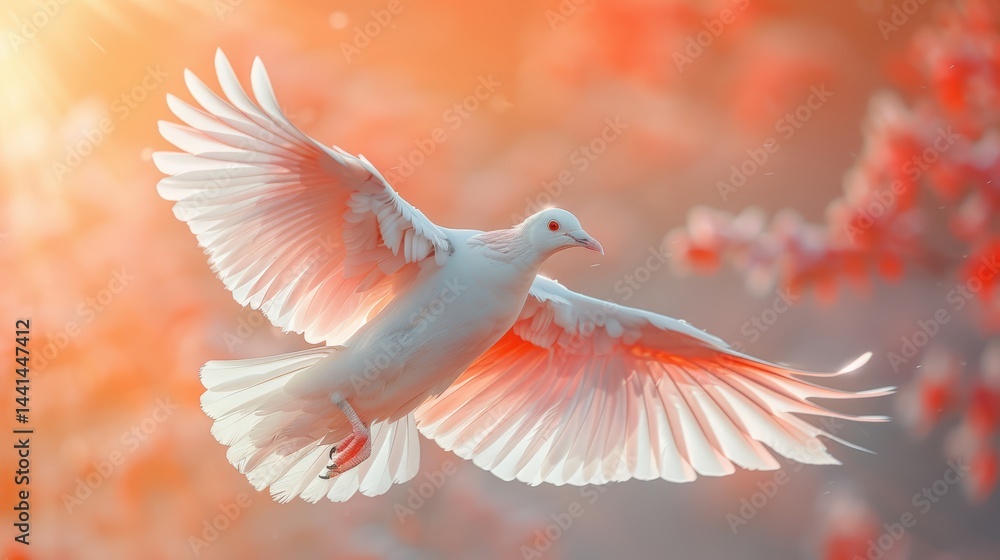 Fototapeta premium Ethereal white dove soars amidst a warm, dreamy floral backdrop