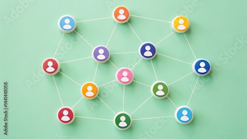 A network of colorful user icons connected by white lines on a green background, representing social or professional connections.
