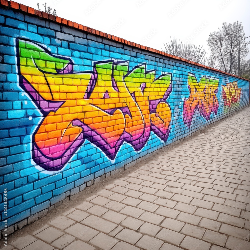 Fototapeta premium Colorful Graffiti Mural on Blue Brick Wall